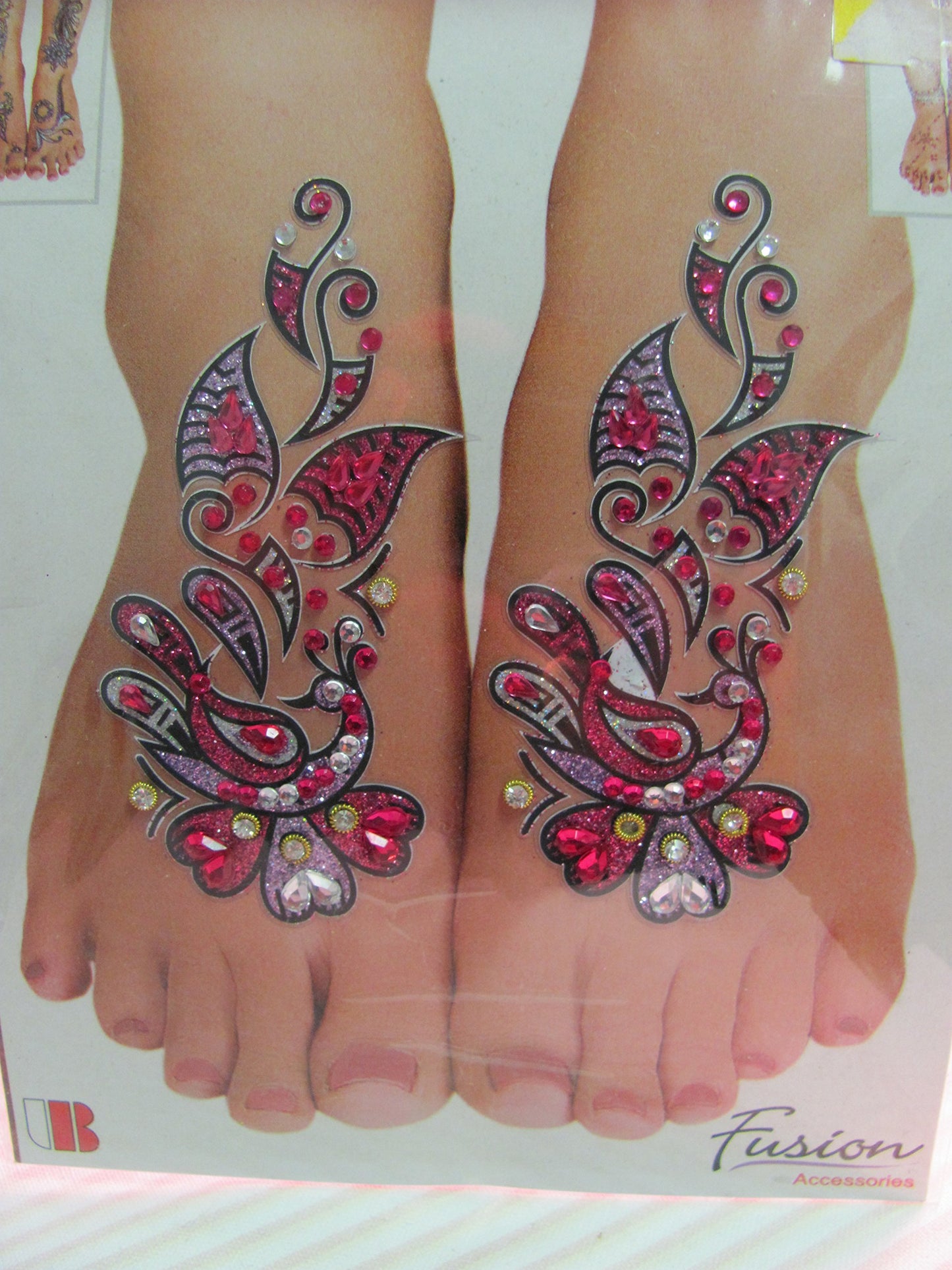 Indian Fashion Art Bollywood Feet Tattoo Sparkling Rhinestone Stick-On Reuseable Bindi (Pink/Purple)