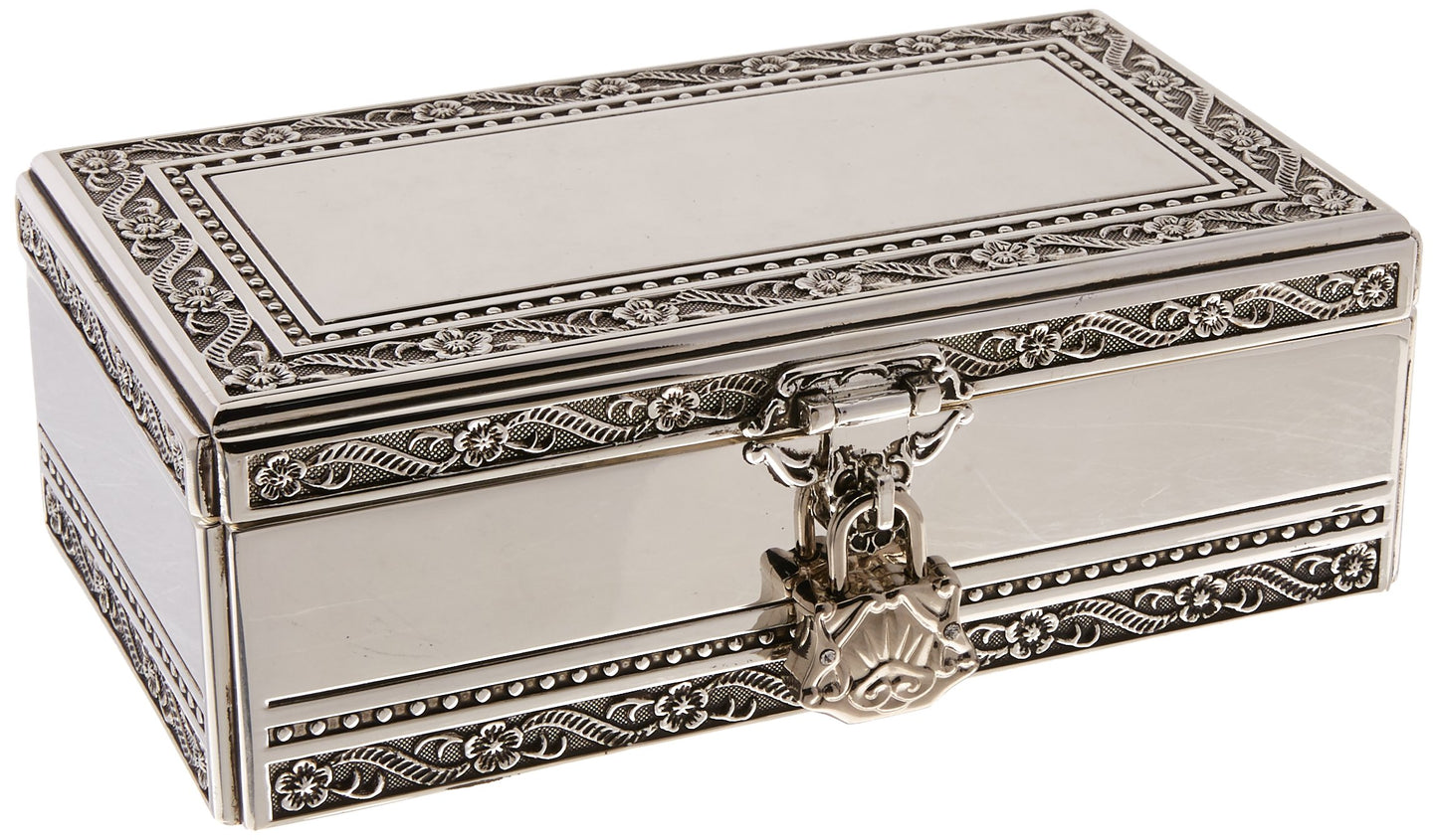 Elegance Silver Antique Silver Jewelry Box with Jeweled Lock