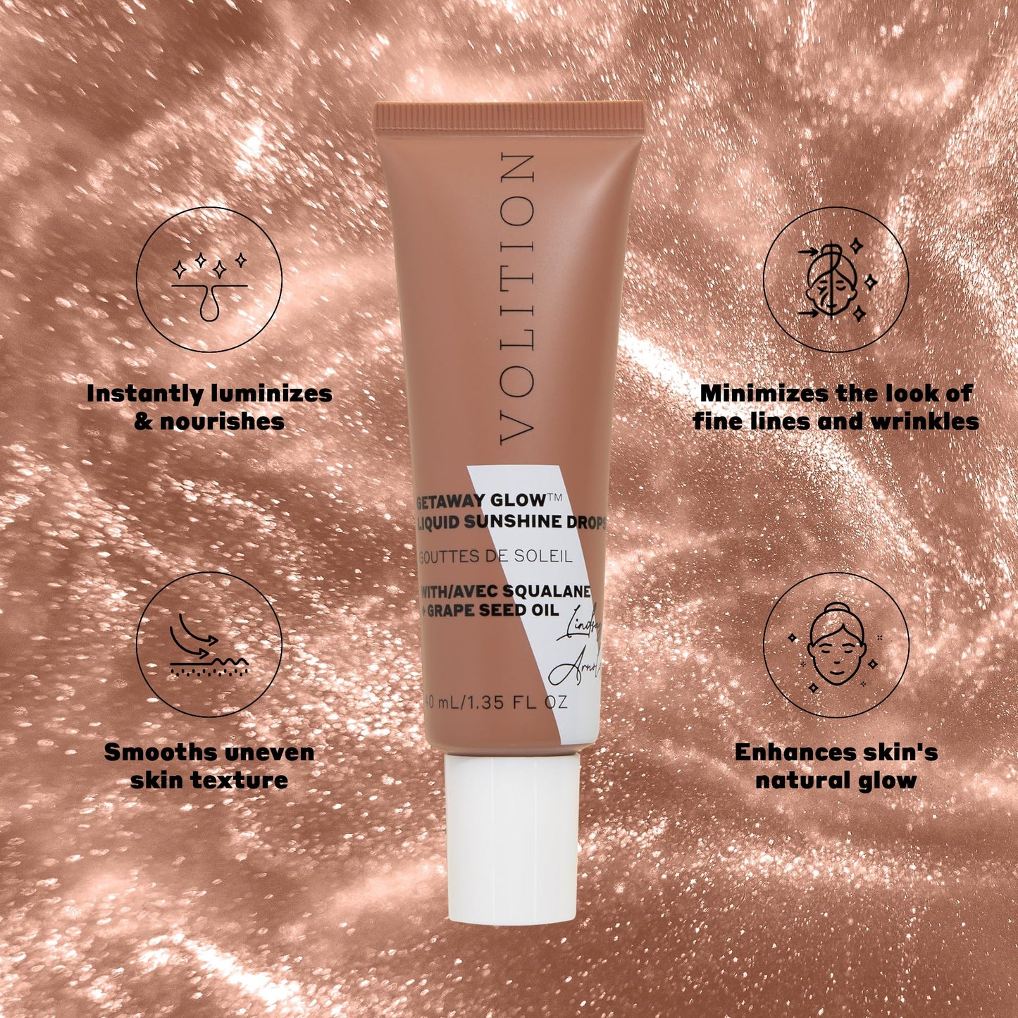 Volition Beauty Getaway Glow Liquid Sunshine Drops with Vegan Squalane + Grape Seed Oil | Instant Bronze & Shimmer Effect | Smooths, Luminizes