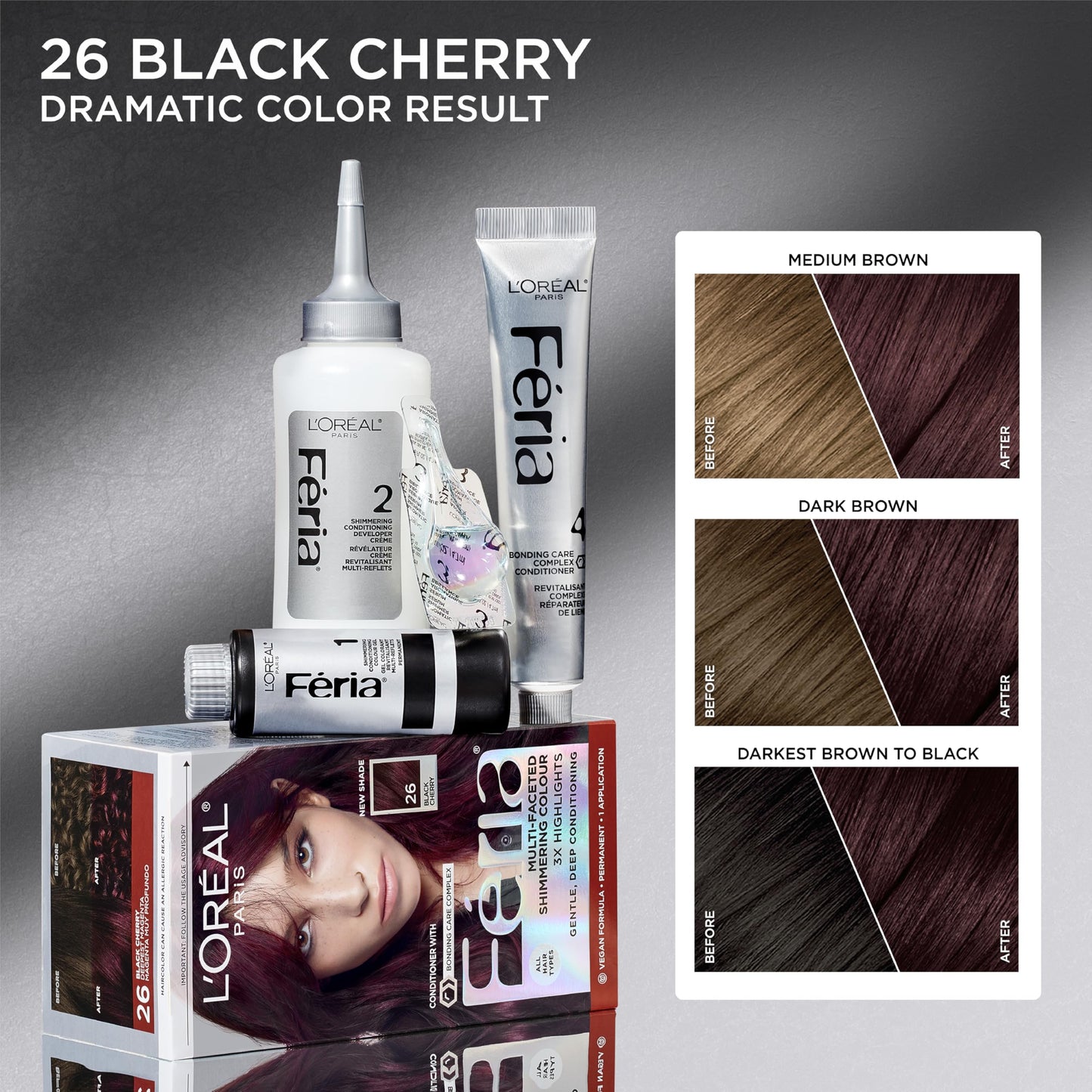 L’Oreal Paris Feria Multi-Faceted Shimmering Permanent Hair Color, High Intensity Hair Dye for 3X Highlights, 26 Black Cherry (Deepest Magenta), 1