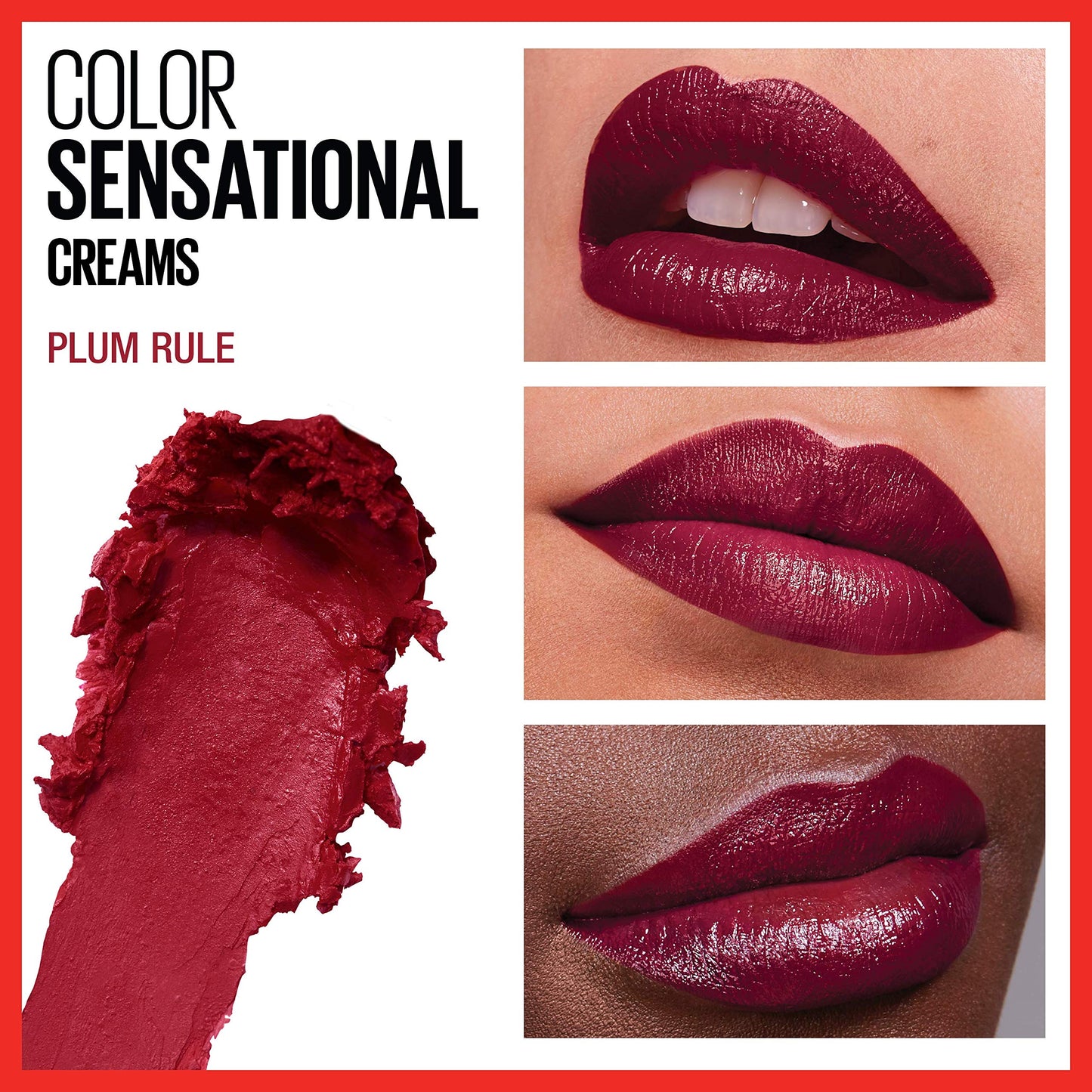 Maybelline Color Sensational Lipstick, Lip Makeup, Cream Finish, Hydrating Lipstick, Nude, Pink, Red, Plum Lip Color, Plum Rule, 0.15 oz; (Packaging