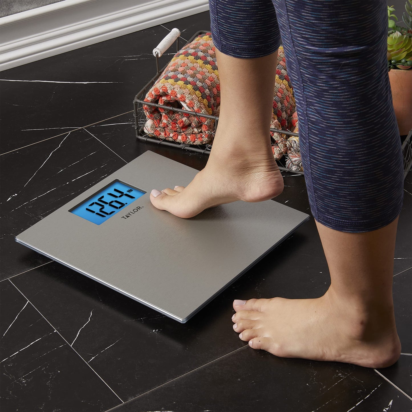 Taylor Digital Scales for Body Weight, 400 LB Capacity, Unique Blue LCD, Auto on and Off Scale, 11.8 x 11.8Inches, Stainless Steel
