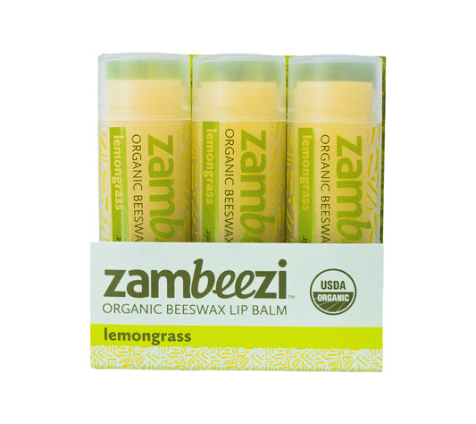 ZAMBEEZI Organic, Fair Trade Beeswax Lip Balm - Lemongrass 3 Pack - Ethically Sourced