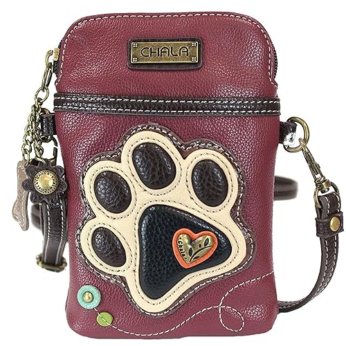 CHALA Dog Lovers Paw Print Cellphone Convertible Strap Crossbody Handbag Dog Lovers, Dog Mom (Ivory/Maroon)