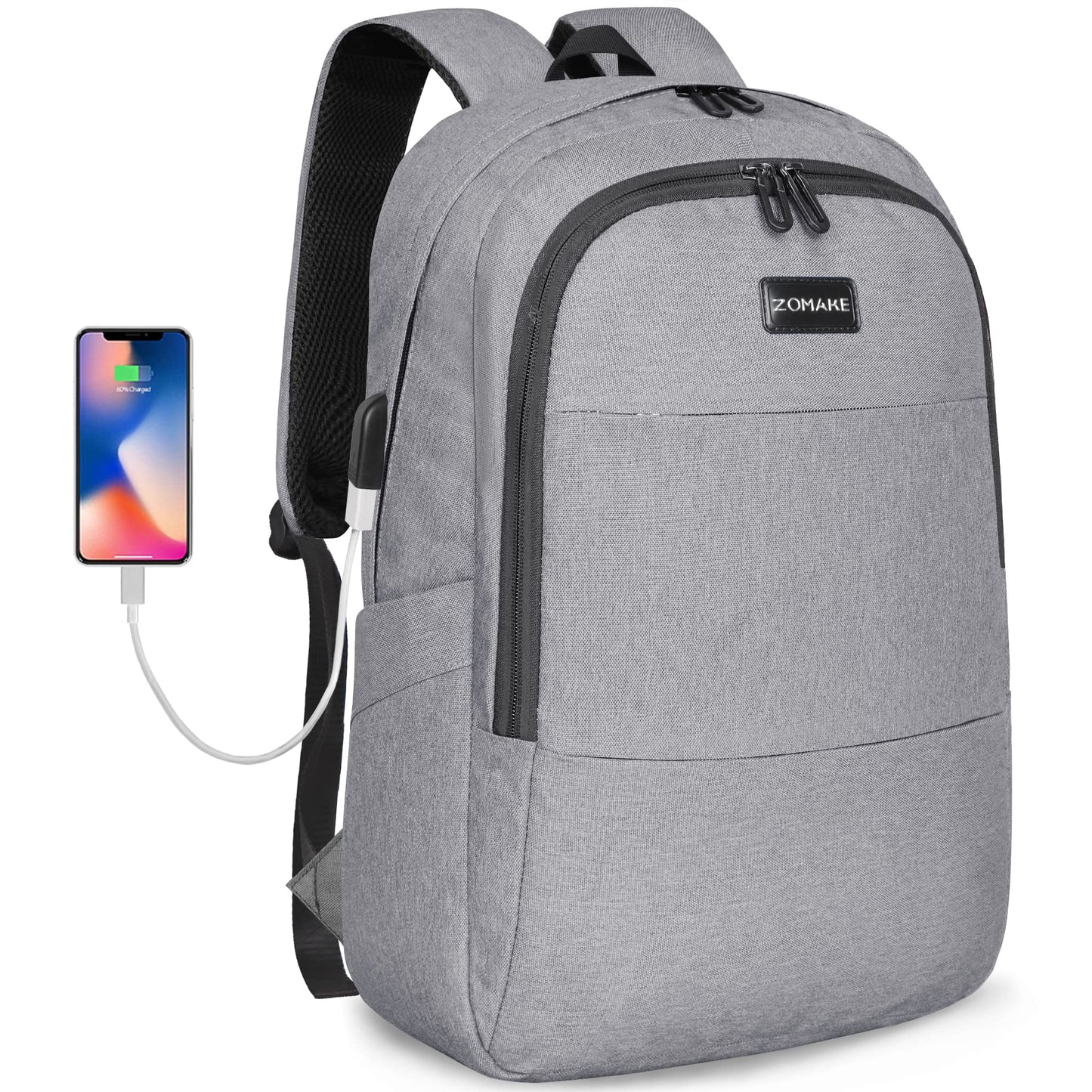 ZOMAKE Travel Laptop Backpack Water Resistant Anti-Theft Bag with USB Charging Port and Lock 14/15.6Inch Computer Business Backpacks Gift for Men Women(15.6 IN,A-Light Grey)