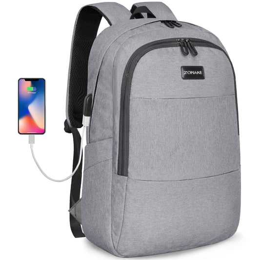 ZOMAKE Travel Laptop Backpack Water Resistant Anti-Theft Bag with USB Charging Port and Lock 14/15.6Inch Computer Business Backpacks Gift for Men Women(15.6 IN,A-Light Grey)