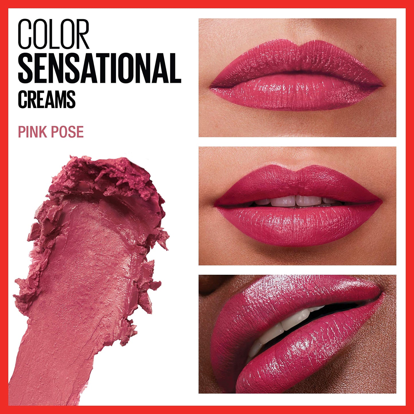 Maybelline Color Sensational Lipstick, Lip Makeup, Cream Finish, Hydrating Lipstick, Nude, Pink, Red, Plum Lip Color, Pink Pose, 0.15 oz; (Packaging