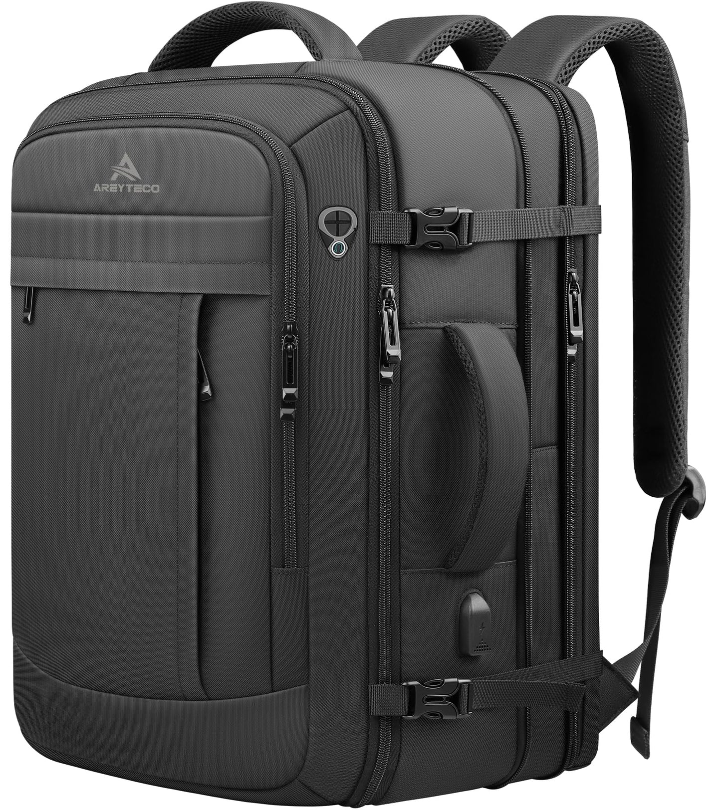AREYTECO Travel Backpack, 50L Expandable Extra Large Laptop Backpack, Carry On Backpack Water Resistant Business Suitcase Daypack Bag Fits 17 Inch Laptops, Travel Gifts for Men Women, Black