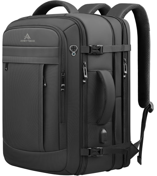 AREYTECO Travel Backpack, 50L Expandable Extra Large Laptop Backpack, Carry On Backpack Water Resistant Business Suitcase Daypack Bag Fits 17 Inch Laptops, Travel Gifts for Men Women, Black