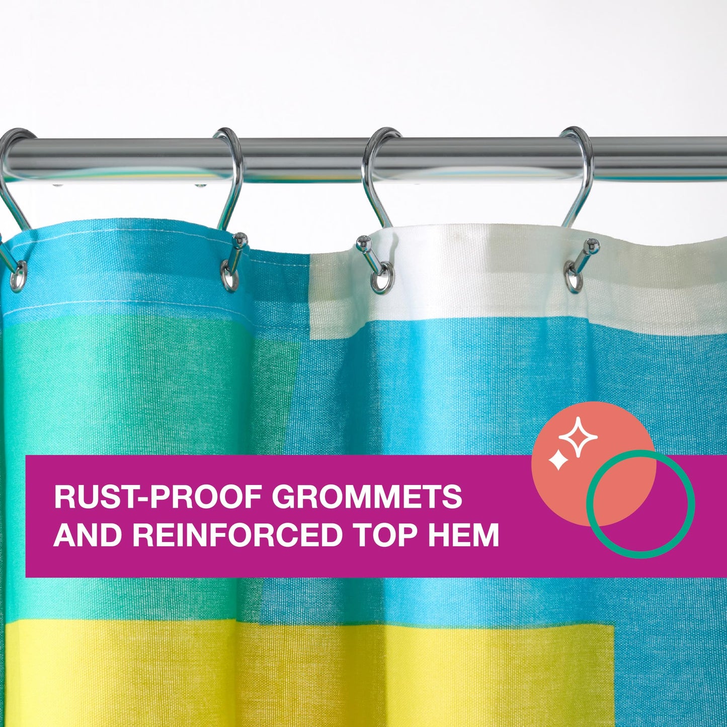 TOWN & COUNTRY PLAY Lucy Mid Century Squares Cotton-Rich Breathable Fabric Shower Curtain with Anti-Rust Grommets, White/Yellow/Green, 70"x72"