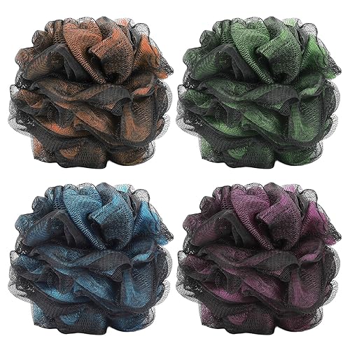 Loofah Bath and Shower Sponge Pouf, Mesh Brush Ball Exfoliating Body Scrubber Ball Pack of 4 (60g/pcs)