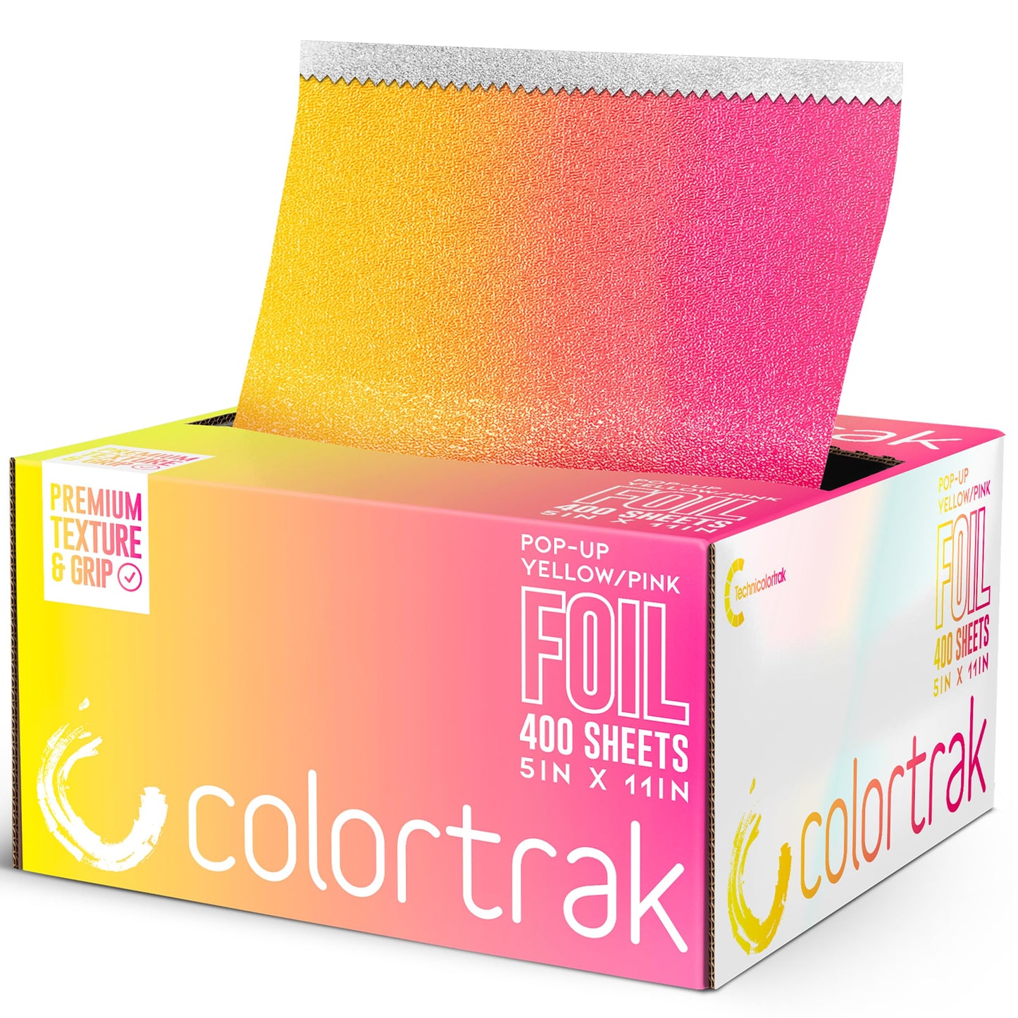 Colortrak Yellow/Pink Gradient Pop-up Foil w/Dispenser (400 Count), Pre-cut Sheets, Non-Slip Embossed Texture, 5" x 10.75" Sheets for Hair Foil