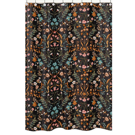 KB & Me Boho Bohemian Farmhouse Black Orange Wildflower Garden Floral Bath Shower Curtain Decorative Bathroom Fabric Botanical Flower Vintage Print…