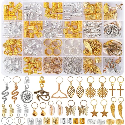 Vaikby 201PCS Hair Jewelry Beads for Braids, Gold and Silver Hair Dreadlock Accessories, Metal Hair Rings, Hair Charms Pendants, Braid Cuffs Clips