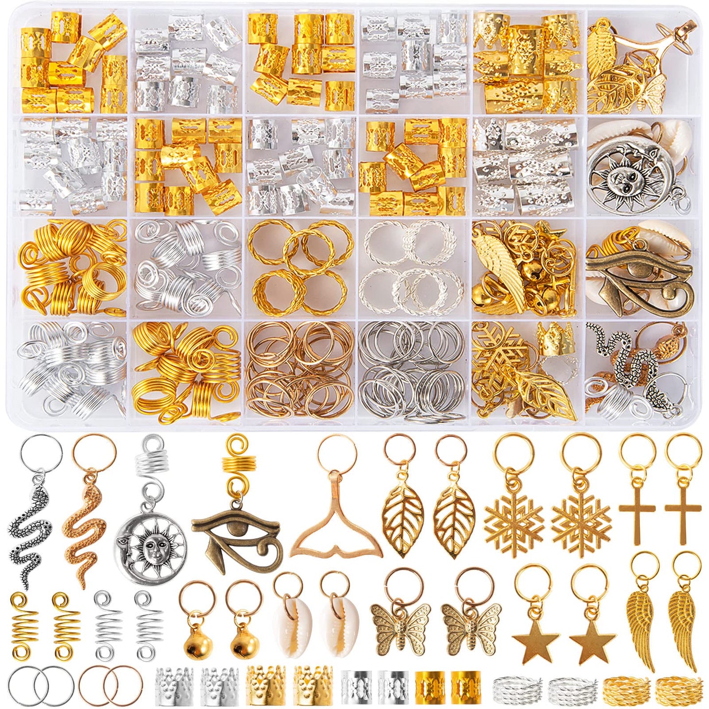 Vaikby 201PCS Hair Jewelry Beads for Braids, Gold and Silver Hair Dreadlock Accessories, Metal Hair Rings, Hair Charms Pendants, Braid Cuffs Clips