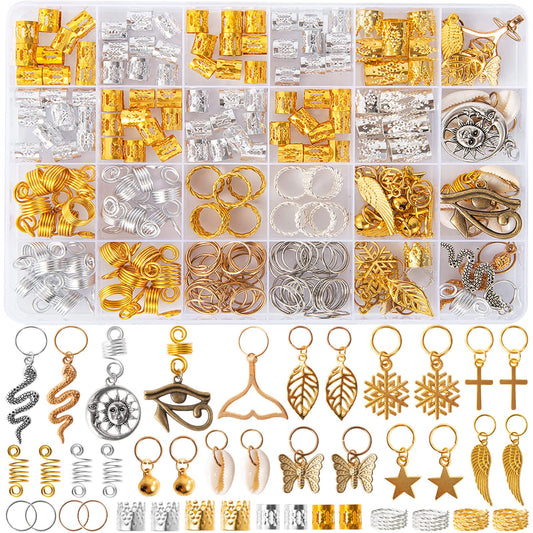 Vaikby 201PCS Hair Jewelry Beads for Braids, Gold and Silver Hair Dreadlock Accessories, Metal Hair Rings, Hair Charms Pendants, Braid Cuffs Clips