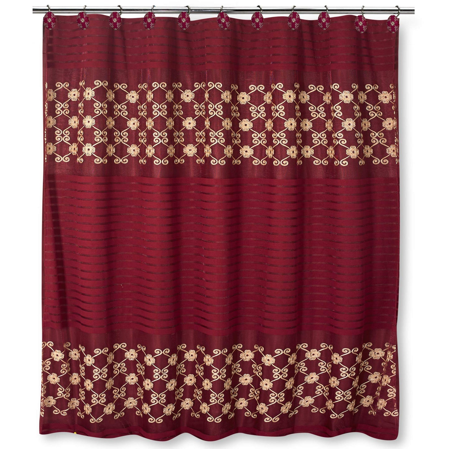 Popular Bath Shower Curtain, Vlegant Rosa Collection, 70" x 72", Burgundy/Gold