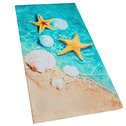 Softerry Starfish & Seashells Beach Towel 30 x 60 inch Velour Terry 100% Cotton, Blue and Sand