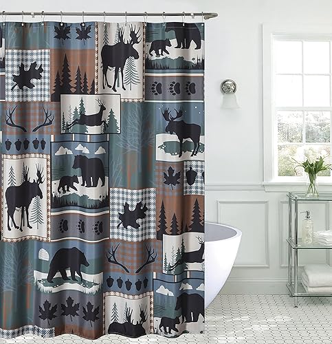 De Leon Collections Woodland Forest Patchwork Animal Moose Bear Nature Winter Themed Decorative 72" Shower Curtain