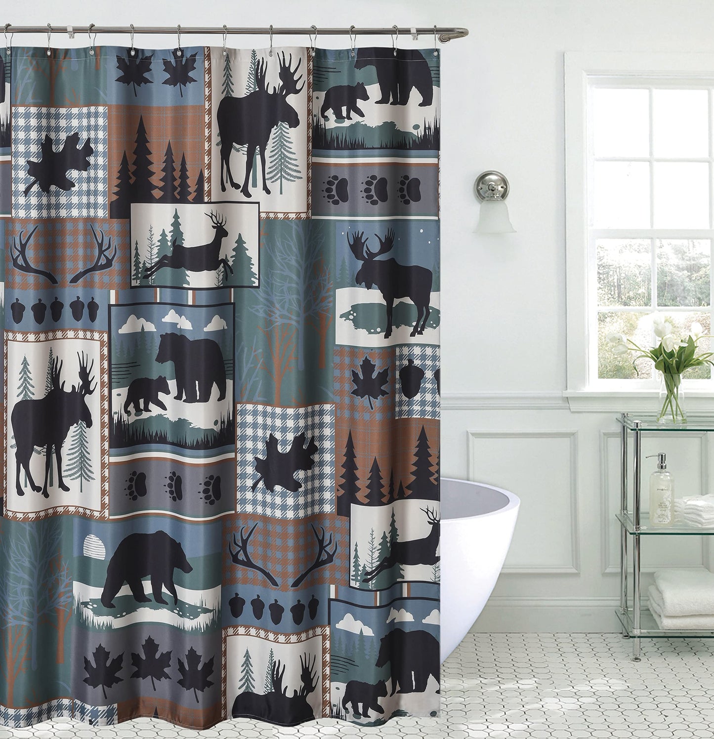 De Leon Collections Woodland Forest Patchwork Animal Moose Bear Nature Winter Themed Decorative 72" Shower Curtain