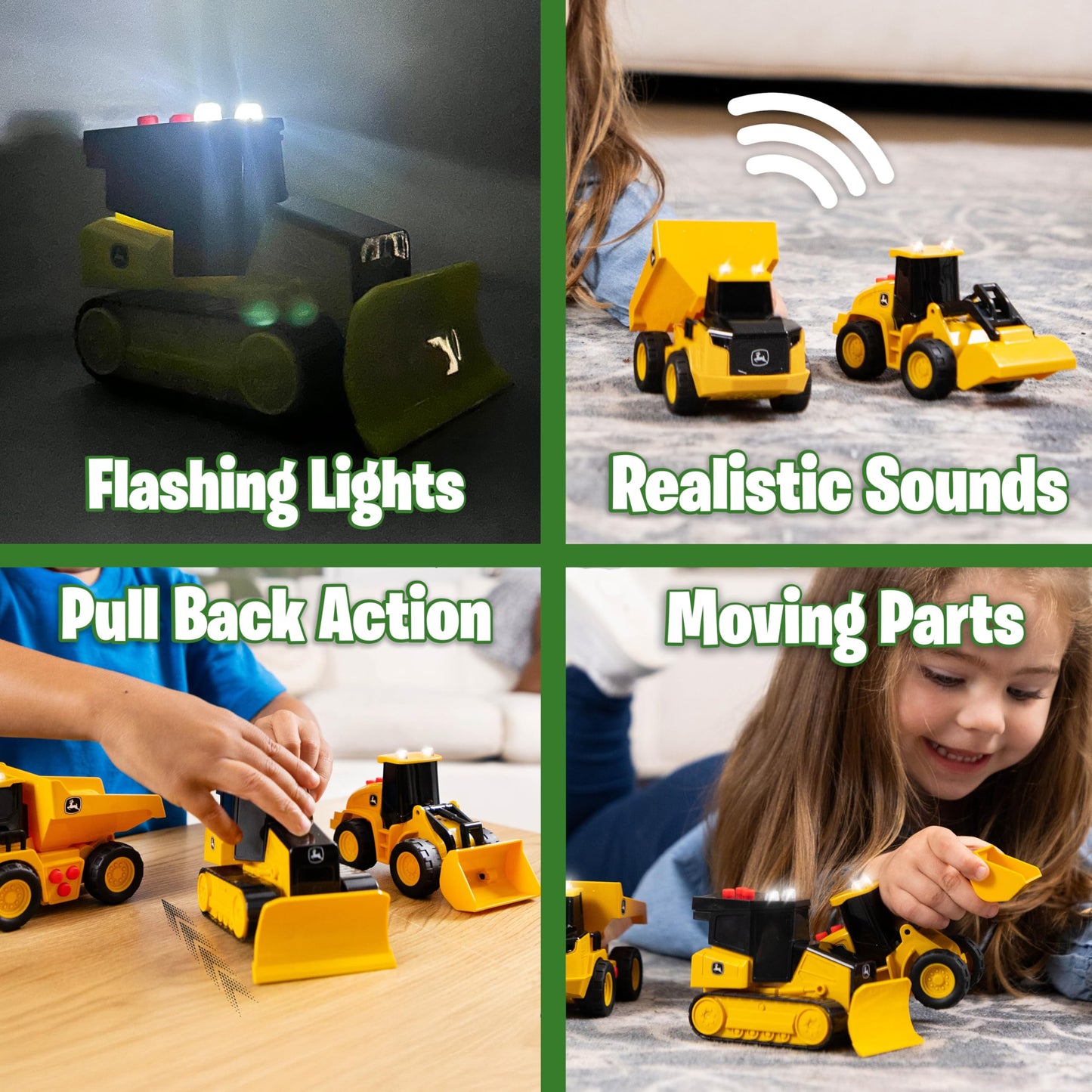 John Deere 3-Pack Set Realistic Lights and Sound 5" Farm Construction Vehicles