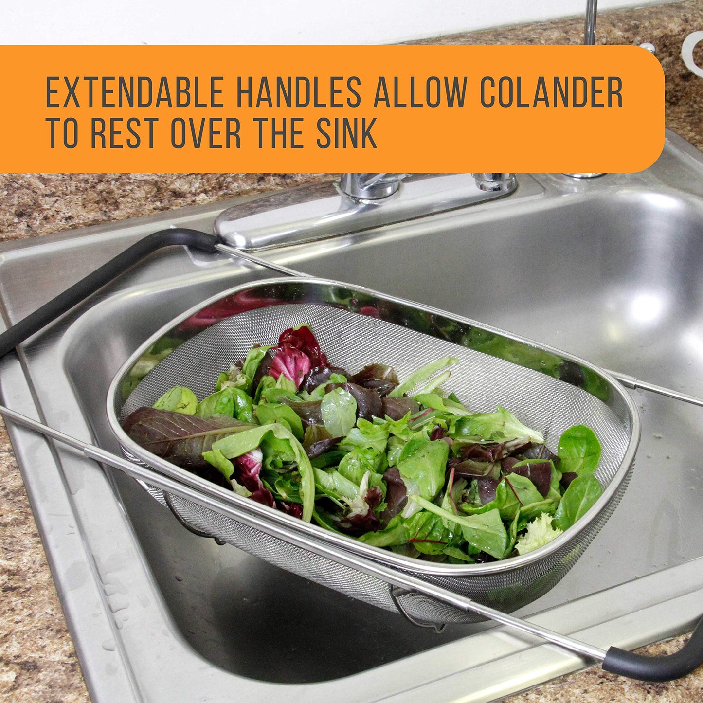 U.S. Kitchen Supply 6-Quart Collapsible Stainless Steel Colander with Expandable Handles – Fine Mesh Strainer for Kitchen