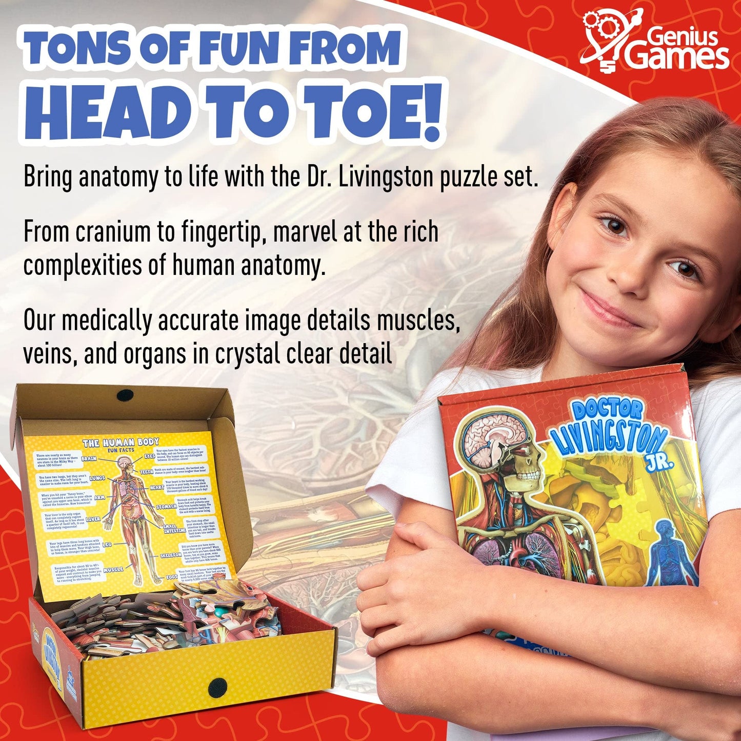 Human Anatomy Kids Floor Puzzle – 100-Piece Full Body Jigsaw, 4-Foot Medically Accurate Educational Toy for Kids Ages 4–10