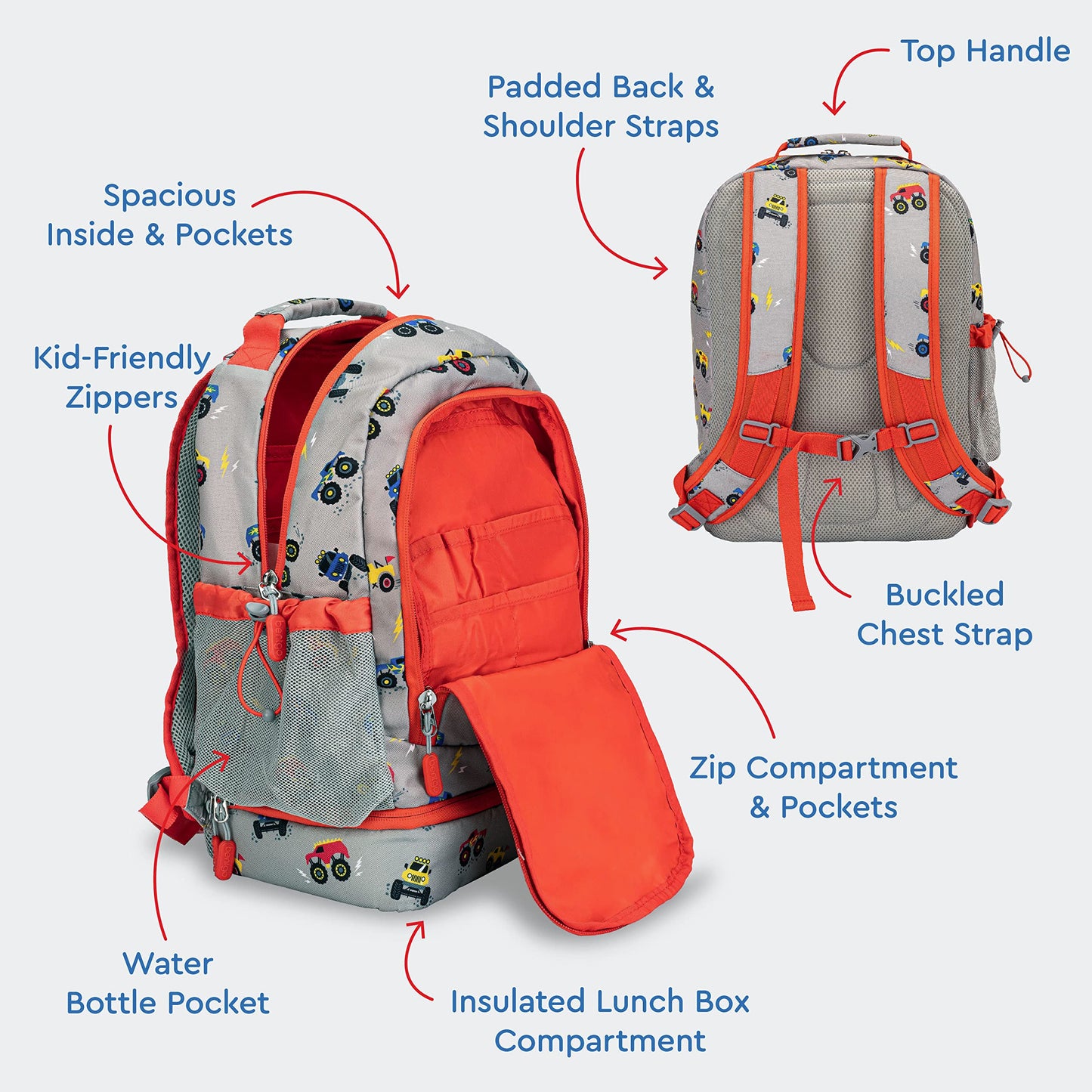 Bentgo Kids 2-in-1 Backpack & Insulated Lunch Bag - Durable 16” Backpack & Lunch Container in Unique Prints for School & Travel - Water Resistant, Padded & Large Compartments (Trucks)
