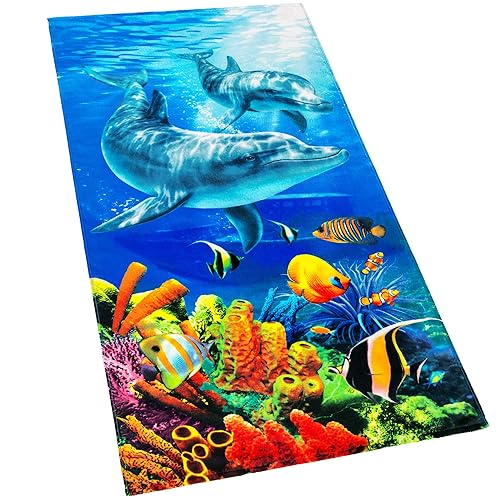 Softerry Dolphins Beach Towel 30 x 60 inch 100% Cotton Coral Reef and Fishes Tropical Island (Dolphins, One Towel)