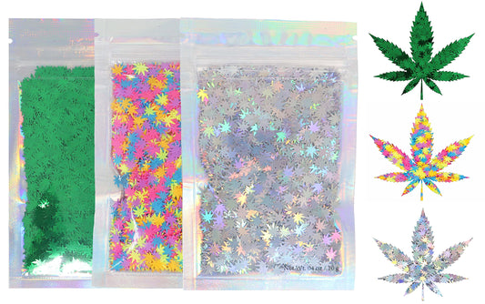 3 Pack - Green, Rainbow & Silver Holographic Leaf Glitter - Solvent Resistant & Cosmetic Grade - Face Body Nails Resin Arts & Crafts, Tumblers, Bath