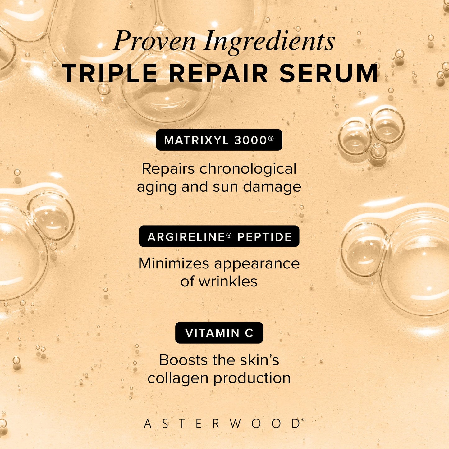 Asterwood Triple Repair Matrixyl 3000 + Argireline + Hyaluronic Acid + Vitamin C Serum for Face - Anti-Aging, Collagen Boosting, Hydrating