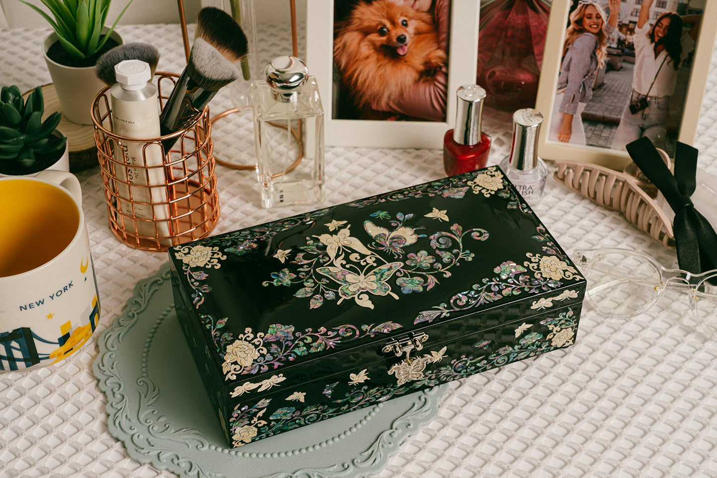 February Mountain Mother of Pearl Jewelry Organizer box - Handmade Large Wooden Box Romantic Anniversary Birthday Gifts for women (Butterfly Floral)