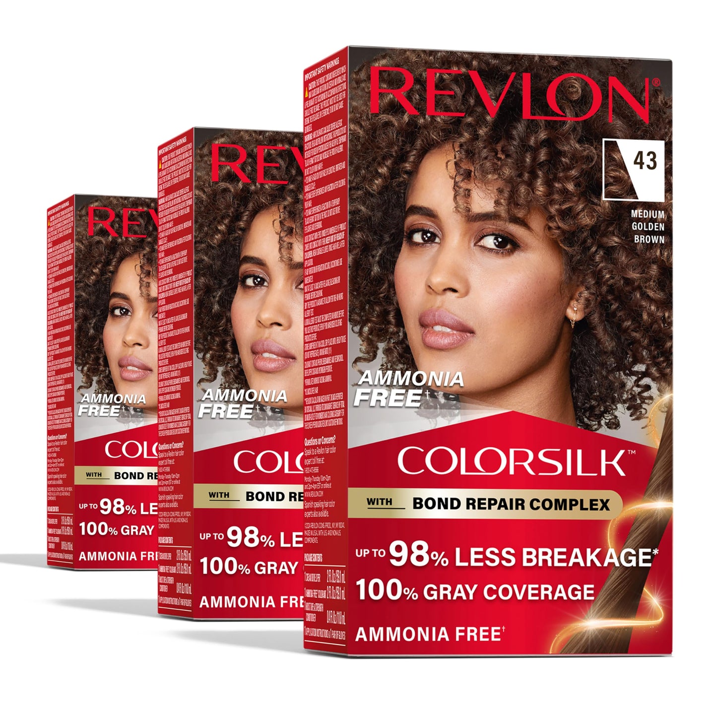 Revlon ColorSilk with Bond Repair Complex, Brown Permanent Hair Color, 100% Gray Coverage, Ammonia Free Hair Dye, Vegan Keratin, 43 Medium Golden