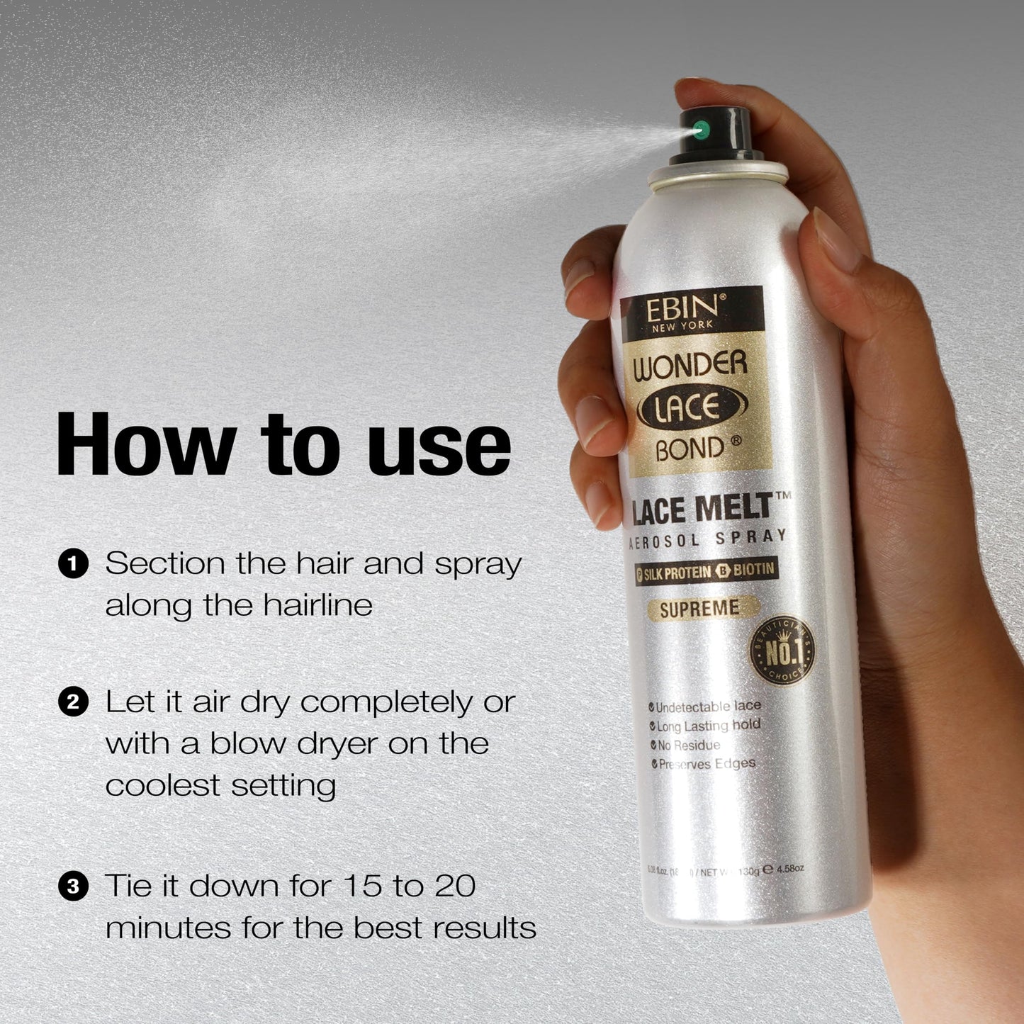 Wonder Lace Melt Aerosol Spray - Silk Protein Biotin Infused 2.7 fl.oz./80ml Preserves Edges & Undetectable Lace Long lasting hold No Residue glueless
