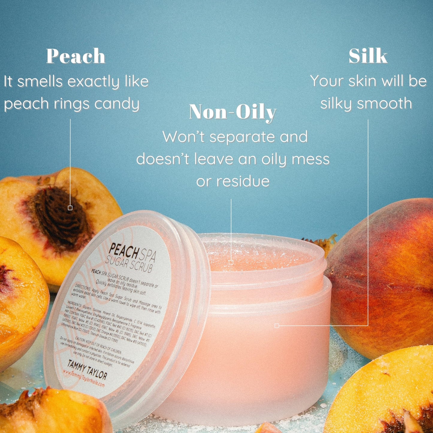 Tammy Taylor Natural Sugar Scrub for Body, Hands, Elbows, Knees, Heels and Feet, Peach Spa Essential Oil Exfoliating Body Scrub for Women and Men