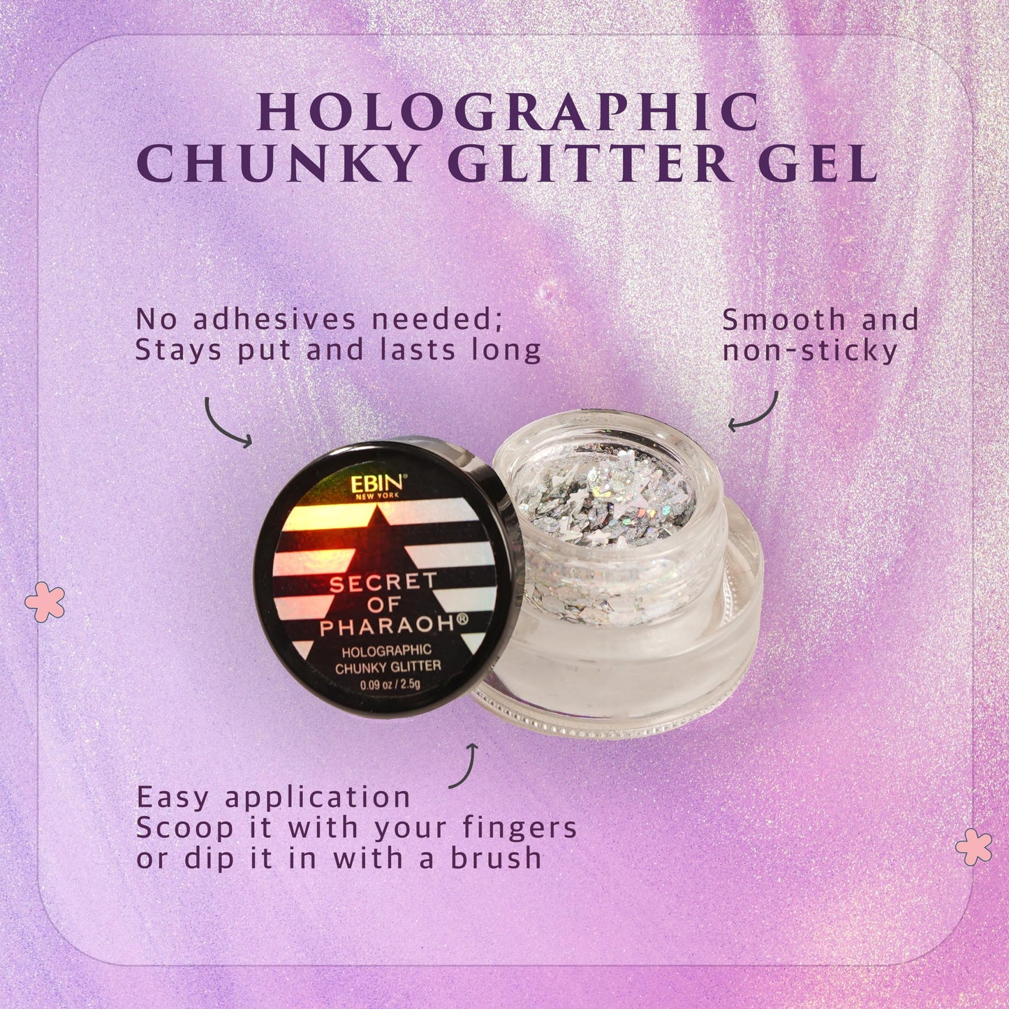 Secret of Pharaoh Holographic Chunky Glitter Gel for Face, Body, Hair - Purple Sparkle | Vibrant Colores, Festival and Party Makeup - Versatile