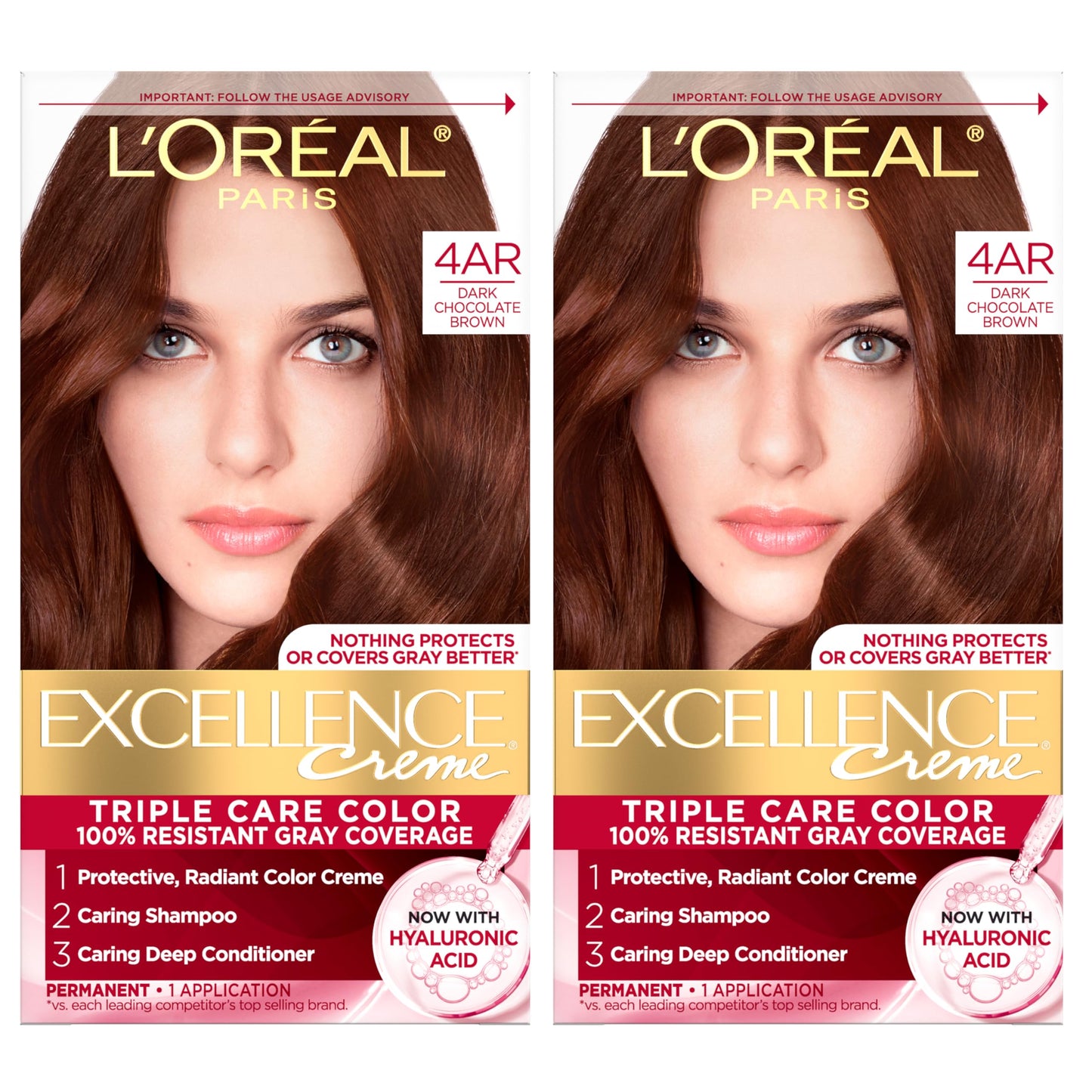 L'Oreal Paris Excellence Crème Permanent Hair Dye, Triple Care Hair Color with Hyaluronic Acid for 100% Gray Coverage, 4AR Dark Chocolate Brown, 1 Kit