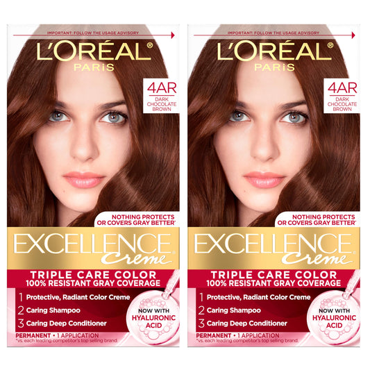 L'Oreal Paris Excellence Crème Permanent Hair Dye, Triple Care Hair Color with Hyaluronic Acid for 100% Gray Coverage, 4AR Dark Chocolate Brown, 1 Kit