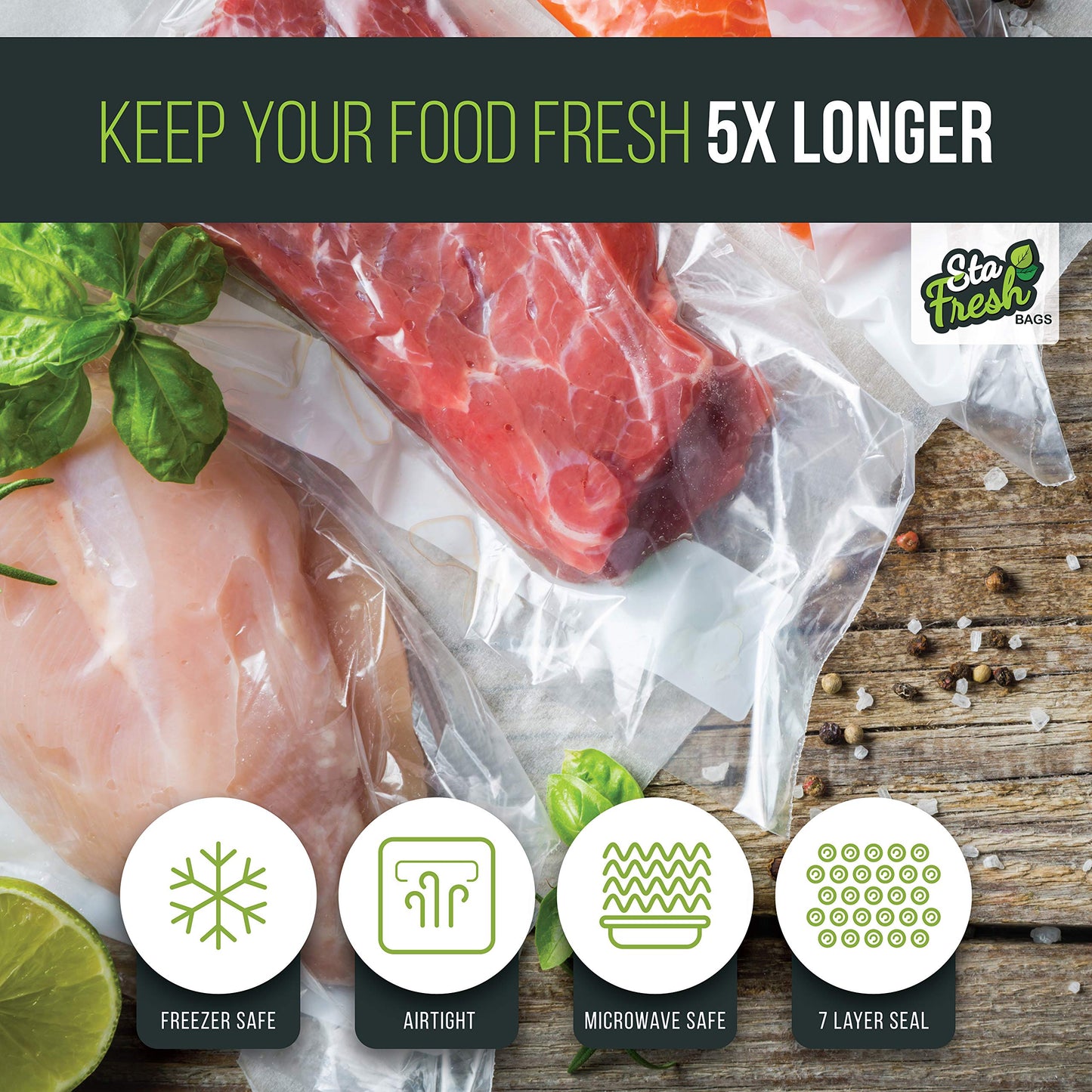 Vac Fresh Vacuum Sealer Roll Bags, 15 inches x 50 feet, 3.5mil Embossed, Vacuum Seal Bags, Food Storage Bags, Meal Prep, Marinating, Sous Vide…