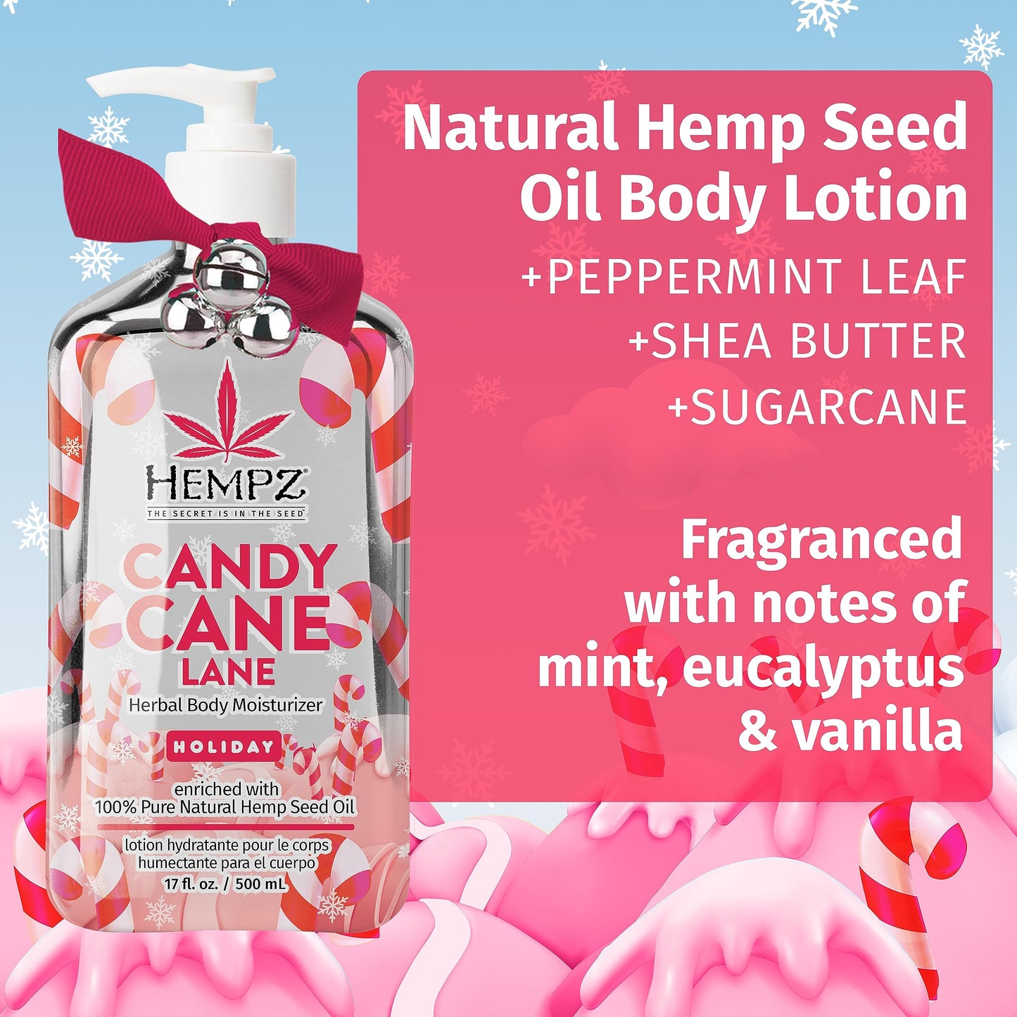 Hempz Limited Edition Peppermint Candy Cane Herbal Body Lotion Moisturizer (17 Oz) - Holiday Body Lotion for Women or Men with Dry Skin - Hydrating