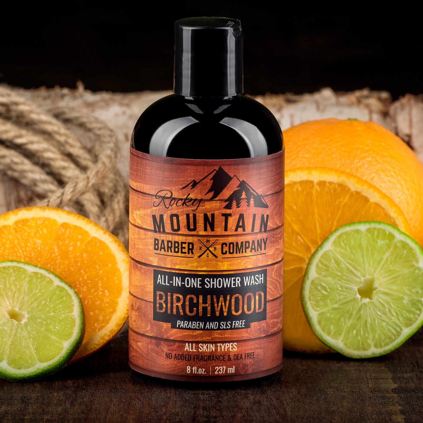 Rocky Mountain Barber Company Birchwood All-In-One Body Wash - Shampoo, Body Wash, Conditioner, Face Wash & Beard Wash with Essential Oils - 8 oz