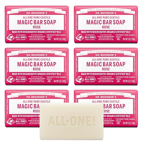 Dr. Bronner's Pure-Castile Magic Soap Bars (Rose, 5 oz, 6-Pack)- Made with Regenerative Organic Certified Oils- For Face, Body & Hair - Gentle, Vegan