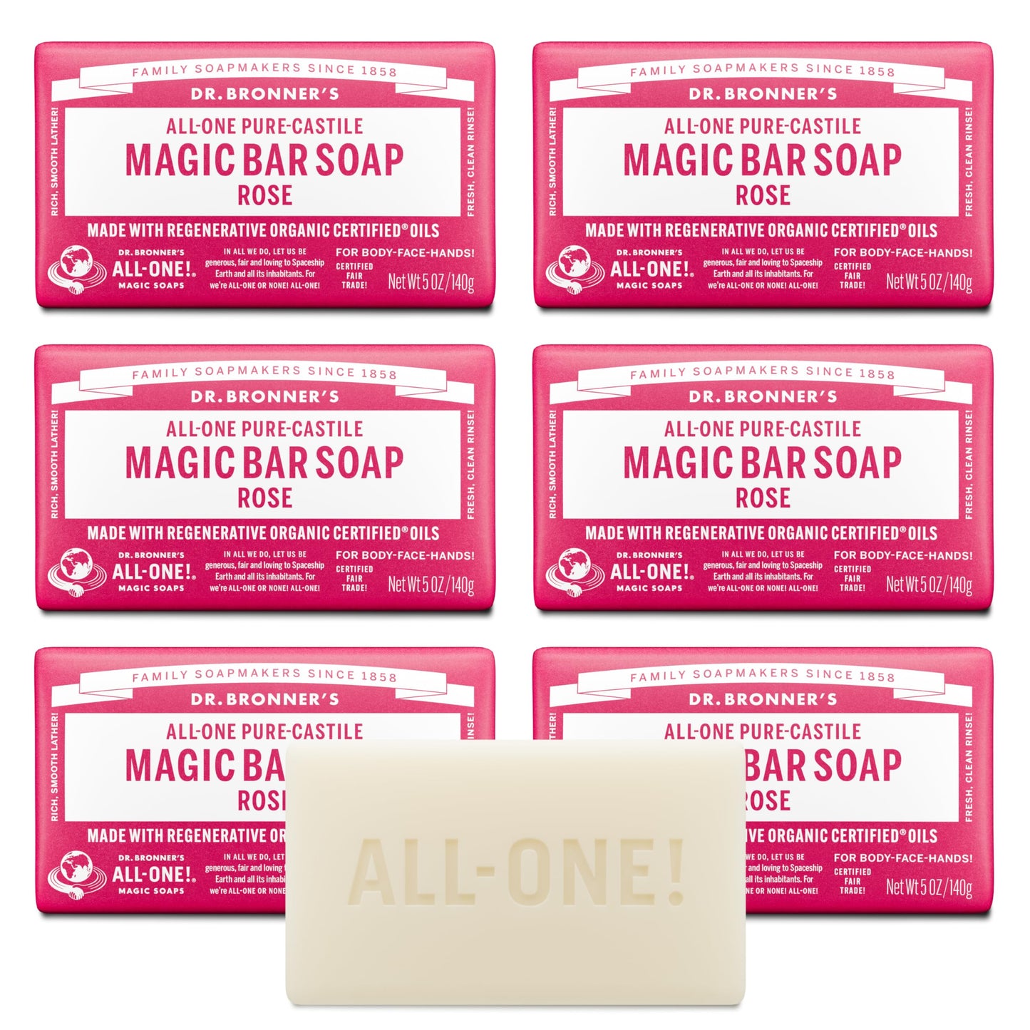 Dr. Bronner's Pure-Castile Magic Soap Bars (Rose, 5 oz, 6-Pack)- Made with Regenerative Organic Certified Oils- For Face, Body & Hair - Gentle, Vegan