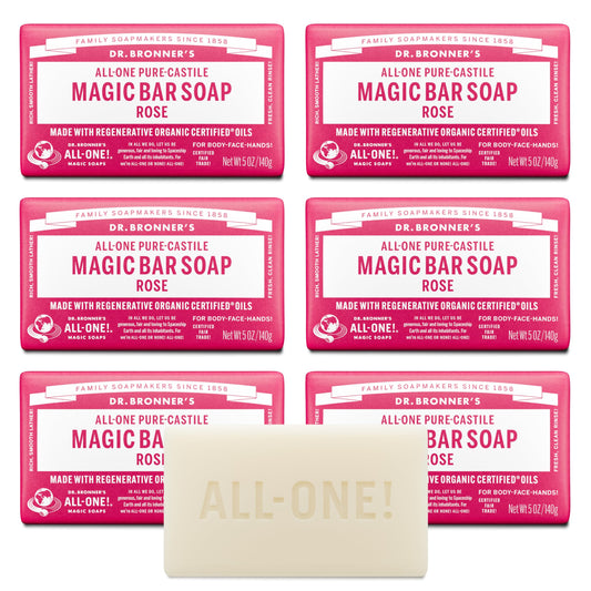 Dr. Bronner's Pure-Castile Magic Soap Bars (Rose, 5 oz, 6-Pack)- Made with Regenerative Organic Certified Oils- For Face, Body & Hair - Gentle, Vegan Beauty & Personal Care Dr. Bronner's