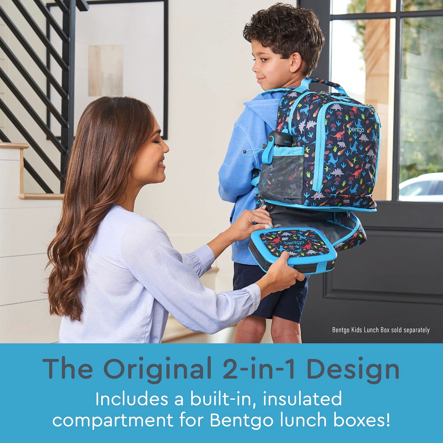 Bentgo Kids 2-in-1 Backpack & Insulated Lunch Bag - Durable 16” Backpack & Lunch Container in Unique Prints for School & Travel - Water Resistant, Padded & Large Compartments (Dinosaur)