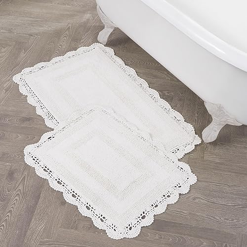 Laura Ashley Absorbent Bath Mat Reversible Crochet Soft and Plush Bathroom Mat 100% Cotton 2-Piece Bath Rug Set, White