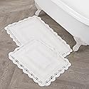 Laura Ashley Absorbent Bath Mat Reversible Crochet Soft and Plush Bathroom Mat 100% Cotton 2-Piece Bath Rug Set, White