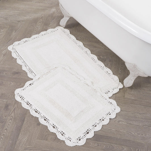 Laura Ashley Absorbent Bath Mat Reversible Crochet Soft and Plush Bathroom Mat 100% Cotton 2-Piece Bath Rug Set, White