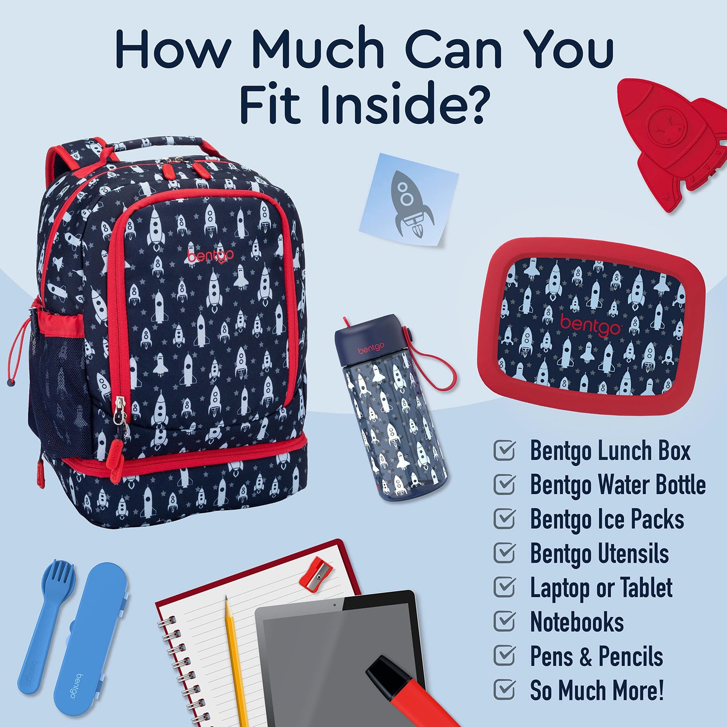 Bentgo Kids 2-in-1 Backpack & Insulated Lunch Bag - Durable 16” Backpack & Lunch Container in Unique Prints for School & Travel - Water Resistant, Padded & Large Compartments (Rocket)