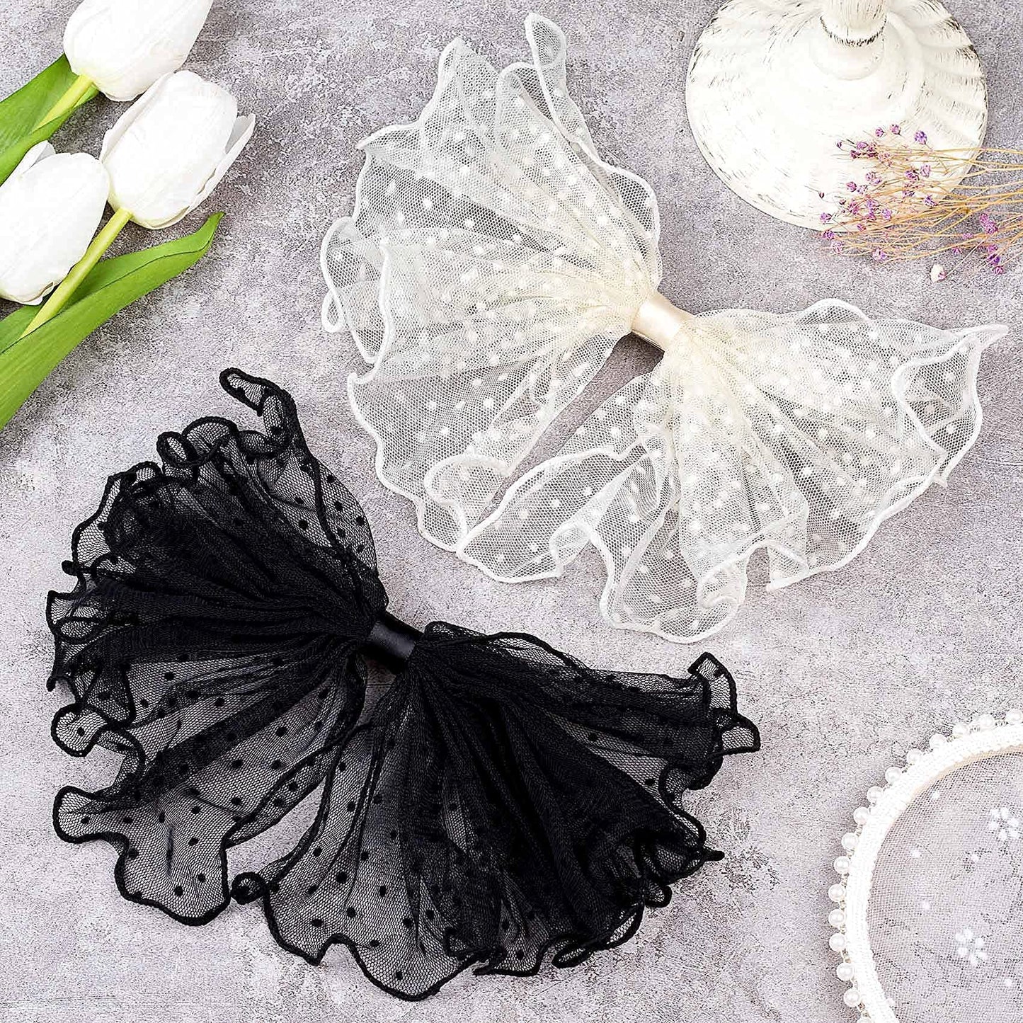 OIIKI 2 Pack Korean-Style Lace Mesh Barrette Hair Clips, Breathable Flower Dot Clips for Wedding, Party, Valentine's Day (Black, White)
